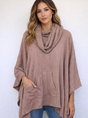 Le Moda Knit Poncho Sweater Cowl Neck Oversized Boho Taupe Large